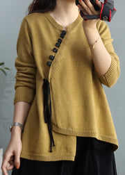 Yellow Button Knitted Tops Cinched Winter