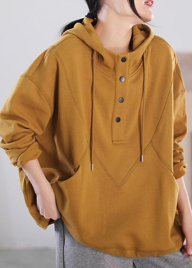 Yellow Cotton Sweatshirts Top Drawstring Button Pockets Long Sleeve