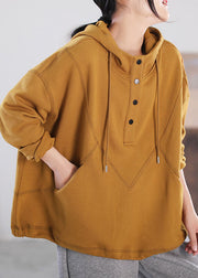 Yellow Cotton Sweatshirts Top Drawstring Button Pockets Long Sleeve