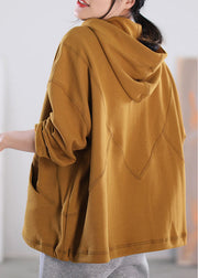 Yellow Cotton Sweatshirts Top Drawstring Button Pockets Long Sleeve