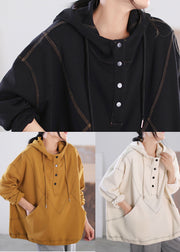 Yellow Cotton Sweatshirts Top Drawstring Button Pockets Long Sleeve