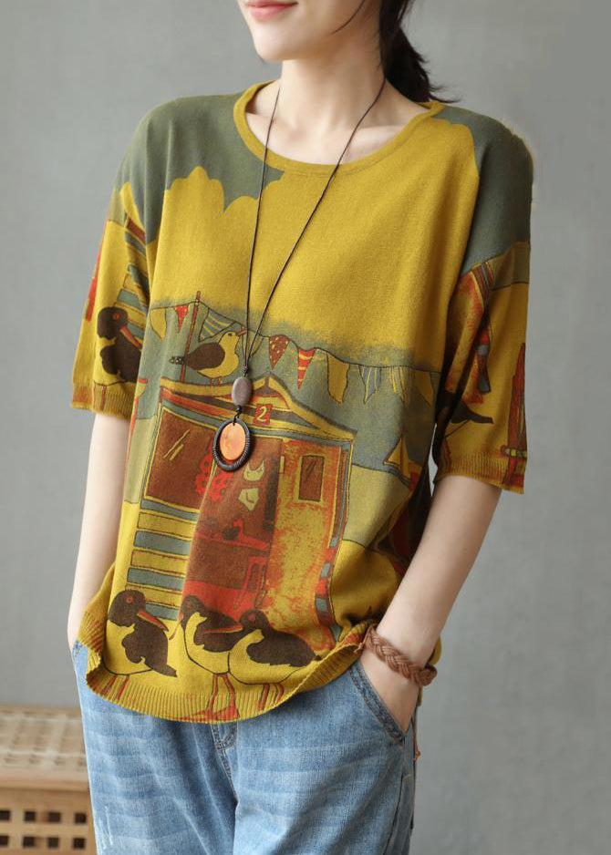 Yellow Cozy Patchwork Cotton Knit Top O Neck Short Sleeve