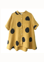 Yellow Dot Print Patchwork Linen Top Button Stand Collar Summer