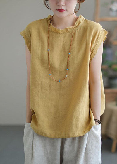 Yellow Drawstring Patchwork Summer Linen Tank Sleeveless - bagstylebliss