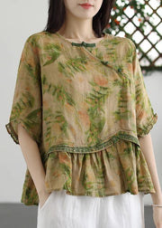 Yellow Embroidered Wrinkled Patchwork Cotton Tops O Neck Summer