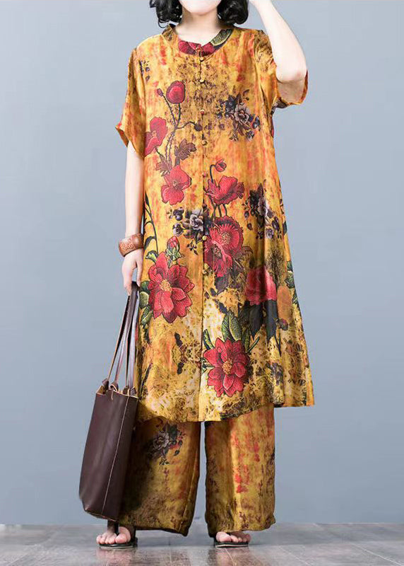 Yellow Floral Loose Silk Long Tops And Wide Leg Pants Two Pieces Set Short Sleeve