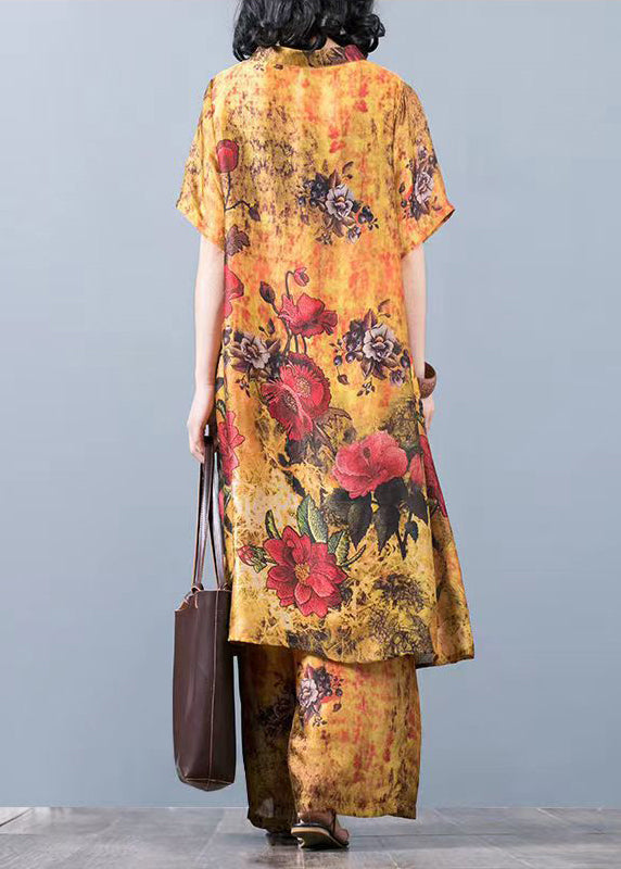 Yellow Floral Loose Silk Long Tops And Wide Leg Pants Two Pieces Set Short Sleeve