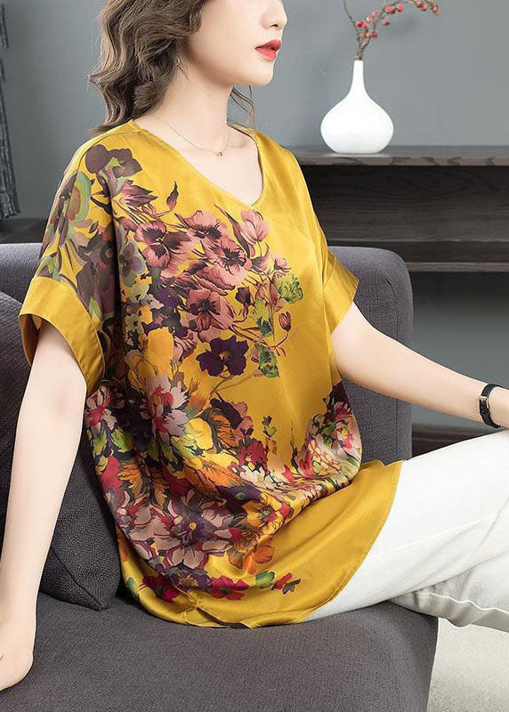 Yellow Floral Print 2024 Chiffon Tanks V Neck Short Sleeve