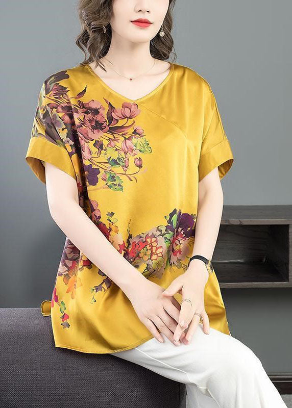 Yellow Floral Print 2024 Chiffon Tanks V Neck Short Sleeve