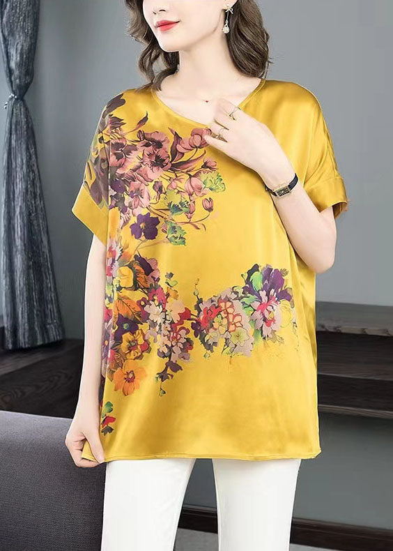 Yellow Floral Print 2024 Chiffon Tanks V Neck Short Sleeve