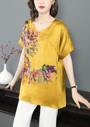 Yellow Floral Print 2024 Chiffon Tanks V Neck Short Sleeve