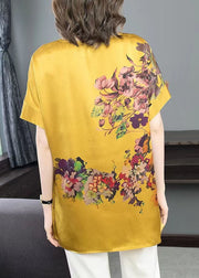 Yellow Floral Print 2024 Chiffon Tanks V Neck Short Sleeve