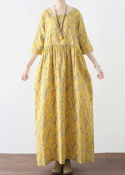 Yellow High Waist Print Loose Half Sleeve Cotton Linen Dress - bagstylebliss