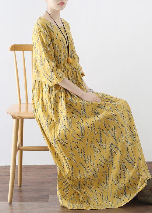 Yellow High Waist Print Loose Half Sleeve Cotton Linen Dress - bagstylebliss