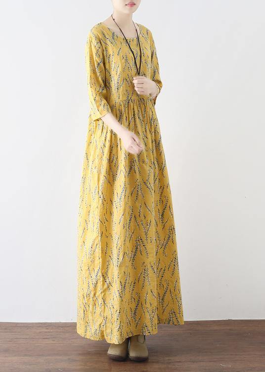 Yellow High Waist Print Loose Half Sleeve Cotton Linen Dress - bagstylebliss