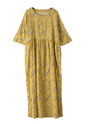 Yellow High Waist Print Loose Half Sleeve Cotton Linen Dress - bagstylebliss