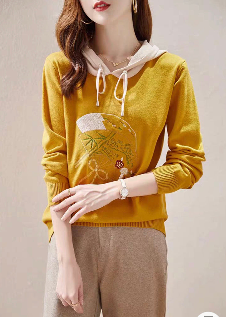 Yellow Lace Up Patchwork Knit Embroidered Long Sleeve