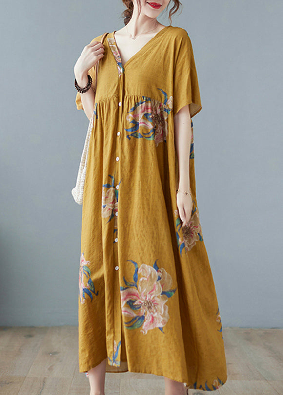 Yellow Loose Holiday Dresses Button Short Sleeve