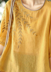 Yellow Patchwork Cotton Top O Neck Embroidered Summer