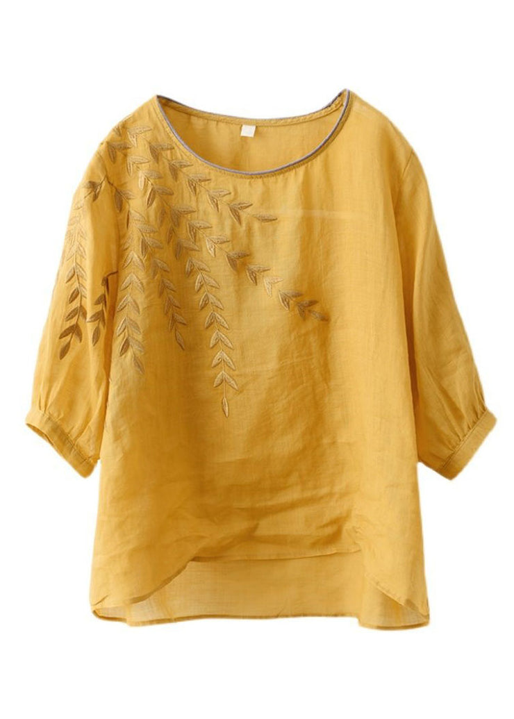 Yellow Patchwork Cotton Top O Neck Embroidered Summer