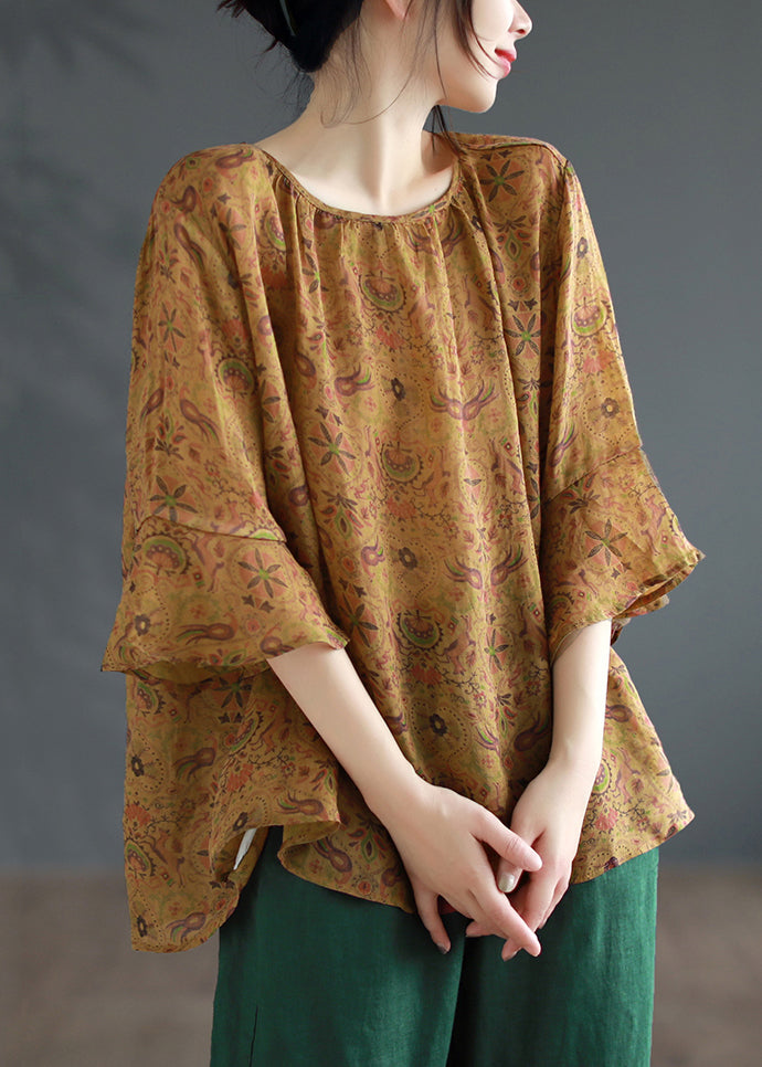 Yellow Patchwork Linen Shirts Top O Neck Bracelet Sleeve