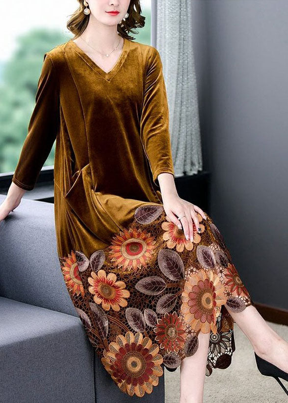 Yellow Patchwork Silk Velour Maxi Dresses Embroidered V Neck Spring