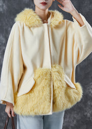 Yellow Patchwork Woolen Coats Hooded Pockets Spring