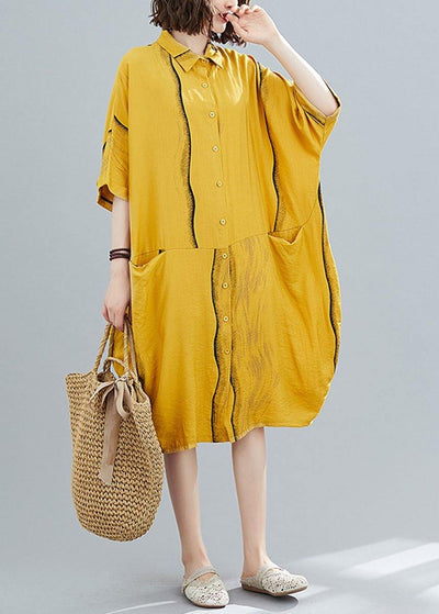 Yellow Peter Pan Collar Button Summer Party Dresses Half Sleeve - bagstylebliss