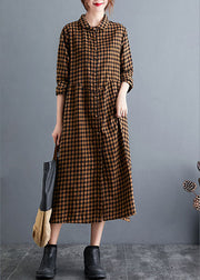 Yellow Plaid Button Cotton Dresses Spring