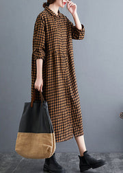 Yellow Plaid Button Cotton Dresses Spring