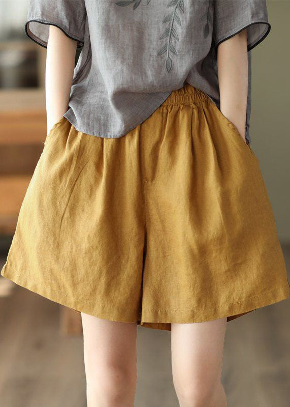 Yellow Pockets Elastic Waist Linen Shorts Summer