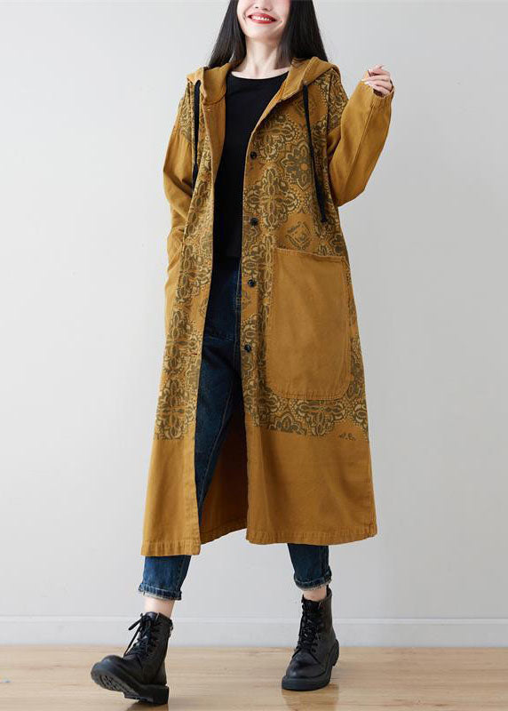 Yellow Pockets Patchwork Print Denim Hooded Long Coat Spring