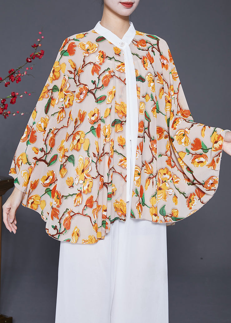 Yellow Print Chiffon Blouses Oversized Batwing Sleeve