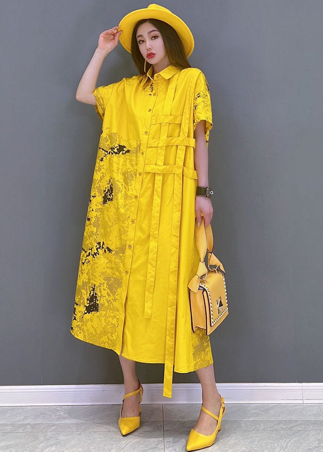 Yellow Print Cotton Loose Shirt Dress Asymmetrical Design Short Sleeve