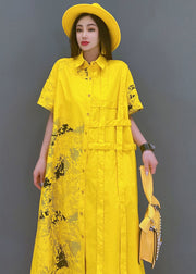 Yellow Print Cotton Loose Shirt Dress Asymmetrical Design Short Sleeve