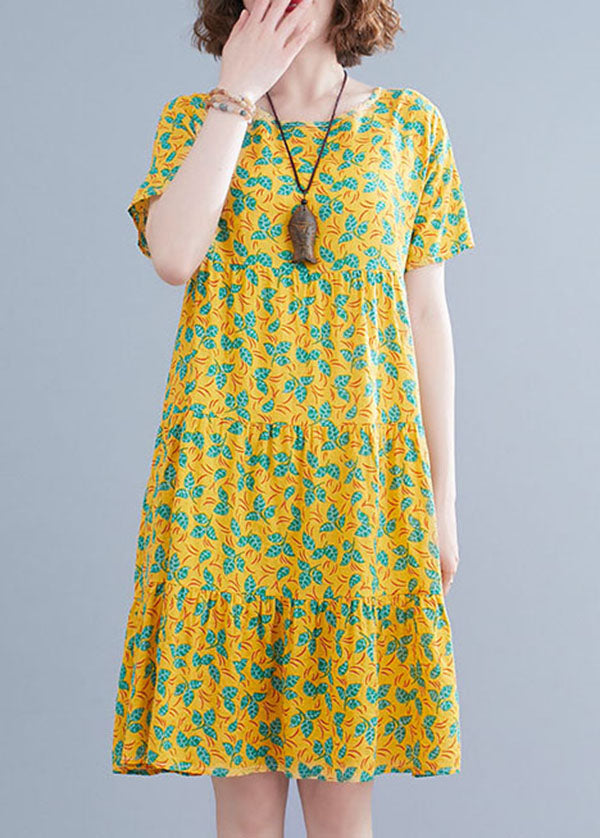 Yellow Print Patchwork Cotton Long Dresses O-Neck Wrinkled Short Sleeve