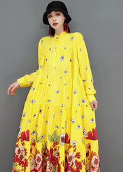 Yellow Print Patchwork Cotton Long Shirt Dresses Wrinkled Long Sleeve