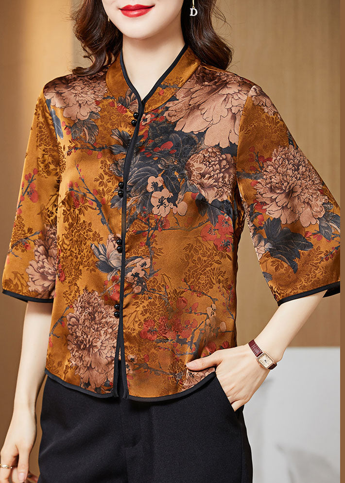 Yellow Print Silk Chinese Style Shirt Tops Stand Collar Button Half Sleeve