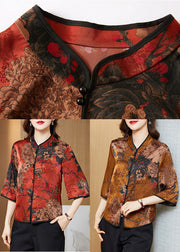 Yellow Print Silk Chinese Style Shirt Tops Stand Collar Button Half Sleeve