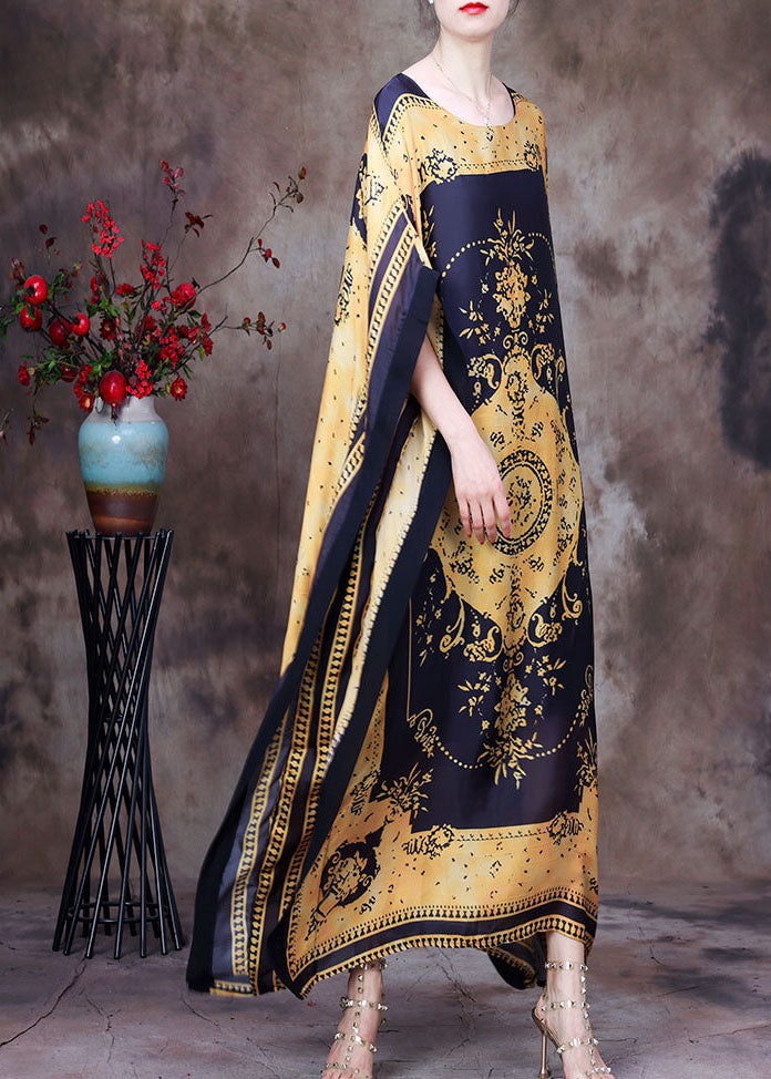 Yellow Print Silk Loose Long Dresses Gown Asymmetrical Design Batwing Sleeve