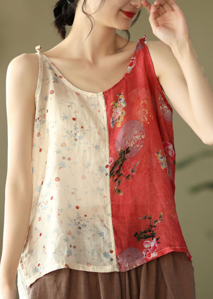 Yellow Red Patchwork Print Linen Spaghetti Strap Tops Colorblock Summer