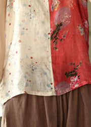 Yellow Red Patchwork Print Linen Spaghetti Strap Tops Colorblock Summer