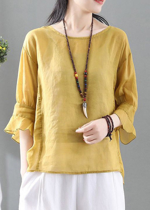 Yellow Ruffled Cotton T Shirt O Neck Half Sleeve