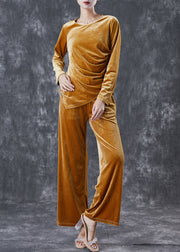 Yellow Silm Fit Silk Velour Two Pieces Set Asymmetrical Wrinkled Fall