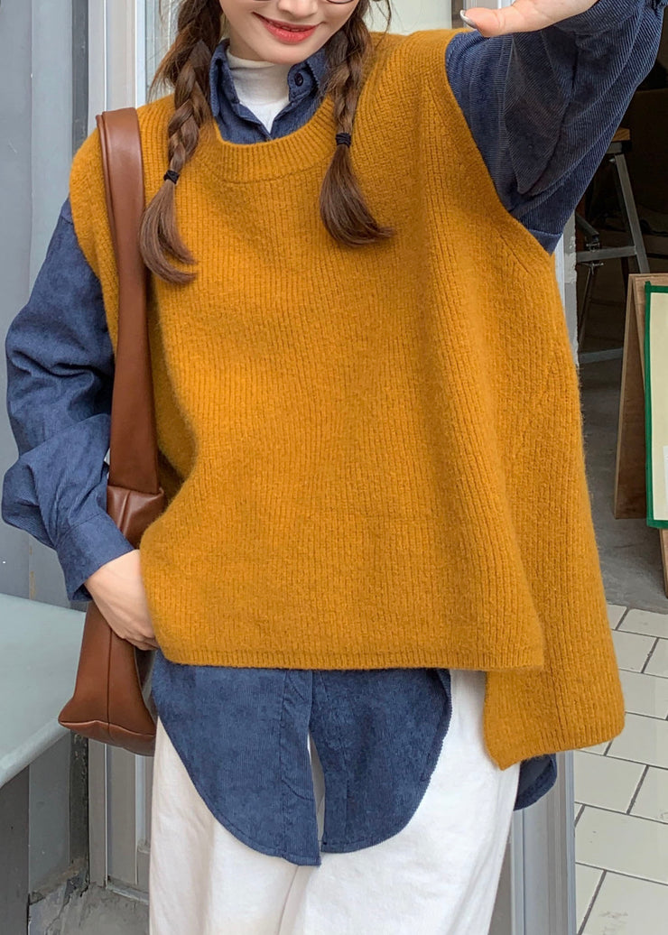 Yellow Two Piece Set Knit Vest + Corduroy shirts Spring