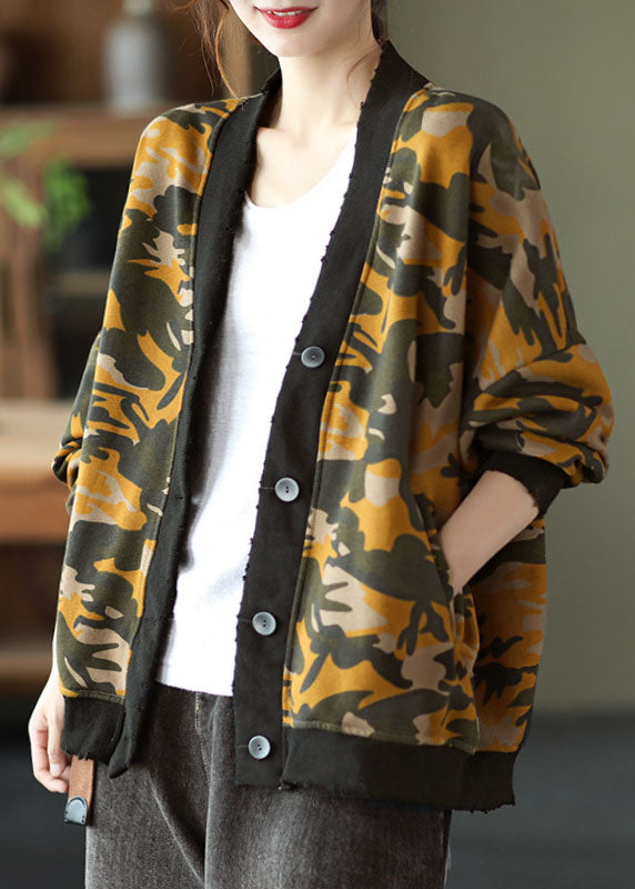 Yellow V Neck Pockets Button Print Fall Casual Coats