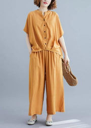 Yellow cotton linen two-piece irregular-breasted V-neck pullover shirt nine points wide leg skirt pants - bagstylebliss