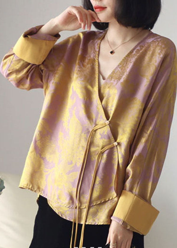 Yellow print Patchwork Silk Tops Asymmetrical Long Sleeve