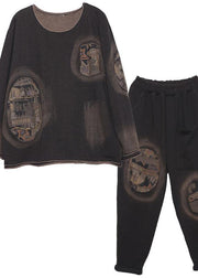 Autumn Black Appliques Suit Loose Casual Cotton Sport Two Pieces - bagstylebliss