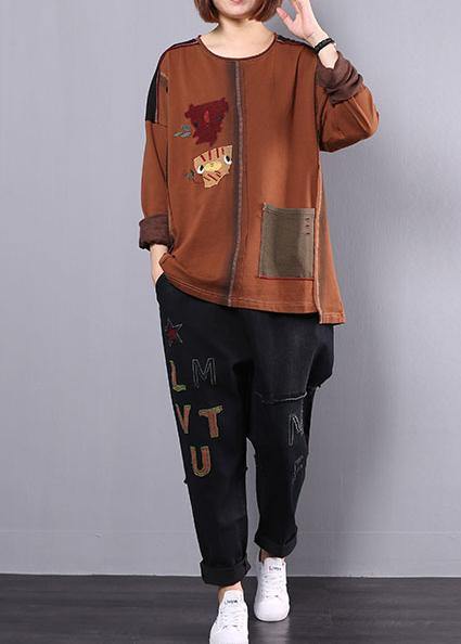 autumn casual vintage khaki patchwork tops and black casual pants two pieces - bagstylebliss